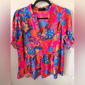 Bright Pink Floral V-Neck Peplum Blouse